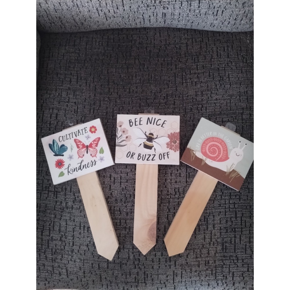 Lot Of 3 Small Wooden Garden Plant Stake Signs 4.5"X10" Bee Butterfly Snail